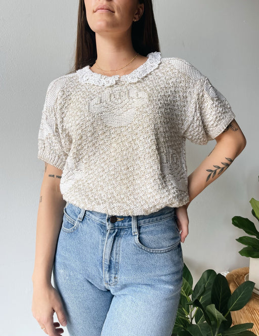 Cream Crochet Top with a Lace Collar